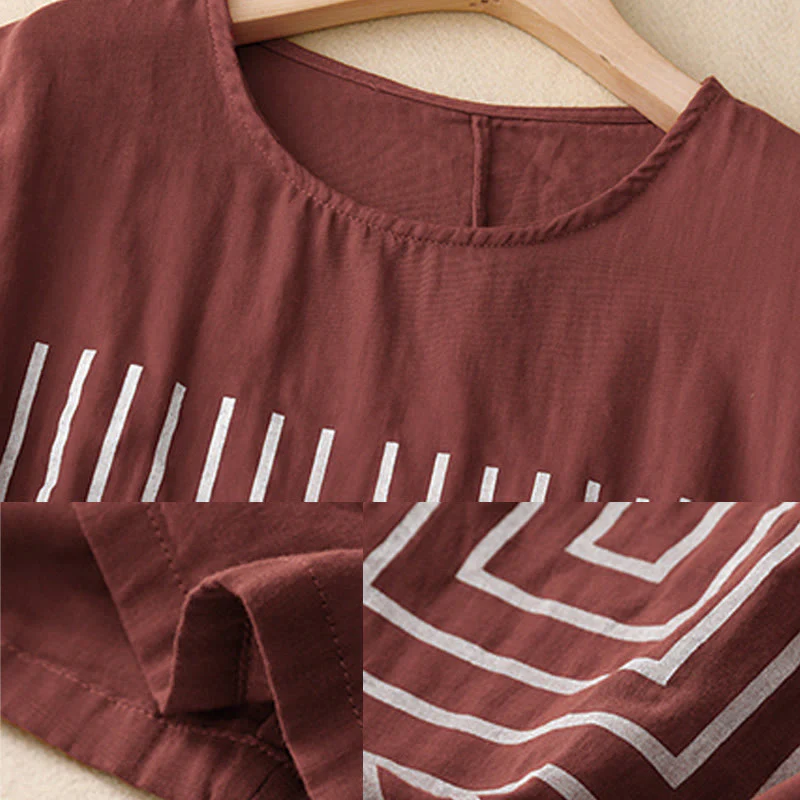 Buddha Stones Casual Line Printing Pattern Krótki rękaw Bawełna Len Damska Koszulka T-shirt - Image 9