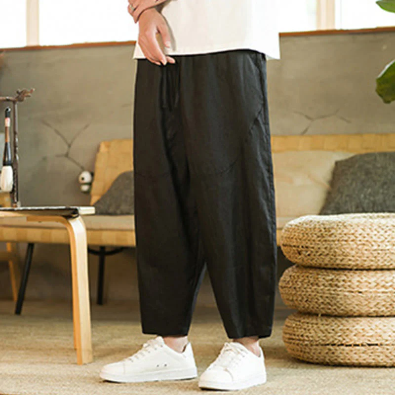 Buddha Stones Casual Retro Jednolity Kolor Prosty Design Ściągacz Męskie Lniane Elastyczne Spodnie Harem Z Kieszeniami - Image 13