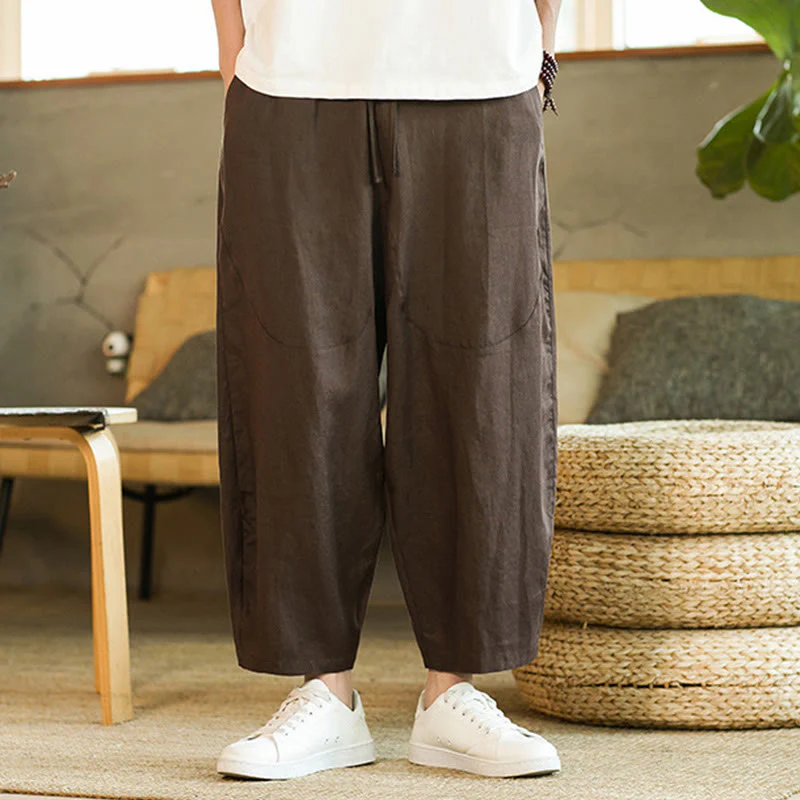 Buddha Stones Casual Retro Jednolity Kolor Prosty Design Ściągacz Męskie Lniane Elastyczne Spodnie Harem Z Kieszeniami - Image 26