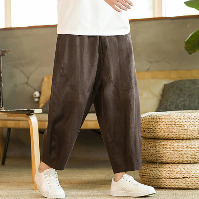 Buddha Stones Casual Retro Jednolity Kolor Prosty Design Ściągacz Męskie Lniane Elastyczne Spodnie Harem Z Kieszeniami - Image 27