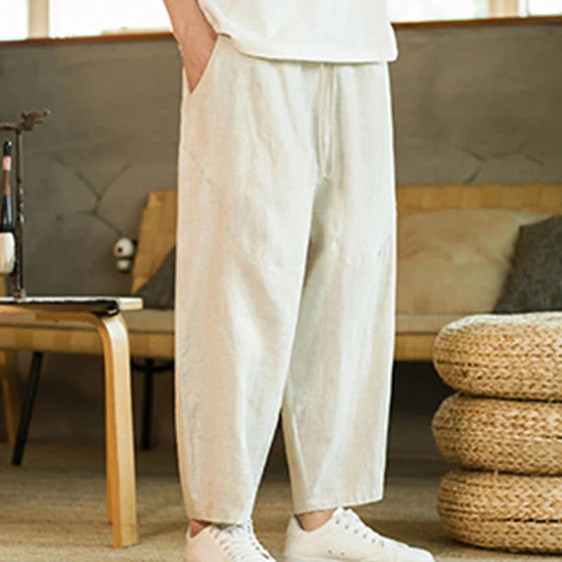 Buddha Stones Casual Retro Jednolity Kolor Prosty Design Ściągacz Męskie Lniane Elastyczne Spodnie Harem Z Kieszeniami - Image 3