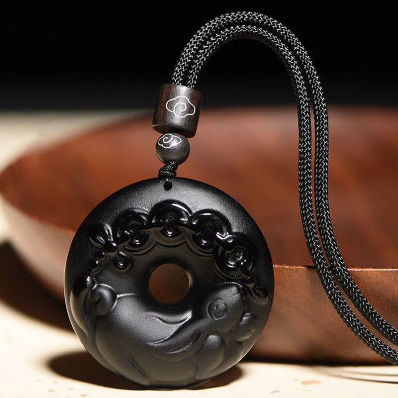 Buddha Stones Chiński Zodiak Naturalny Czarny Obsydian Spokój Klamra Siła Naszyjnik Wisiorek