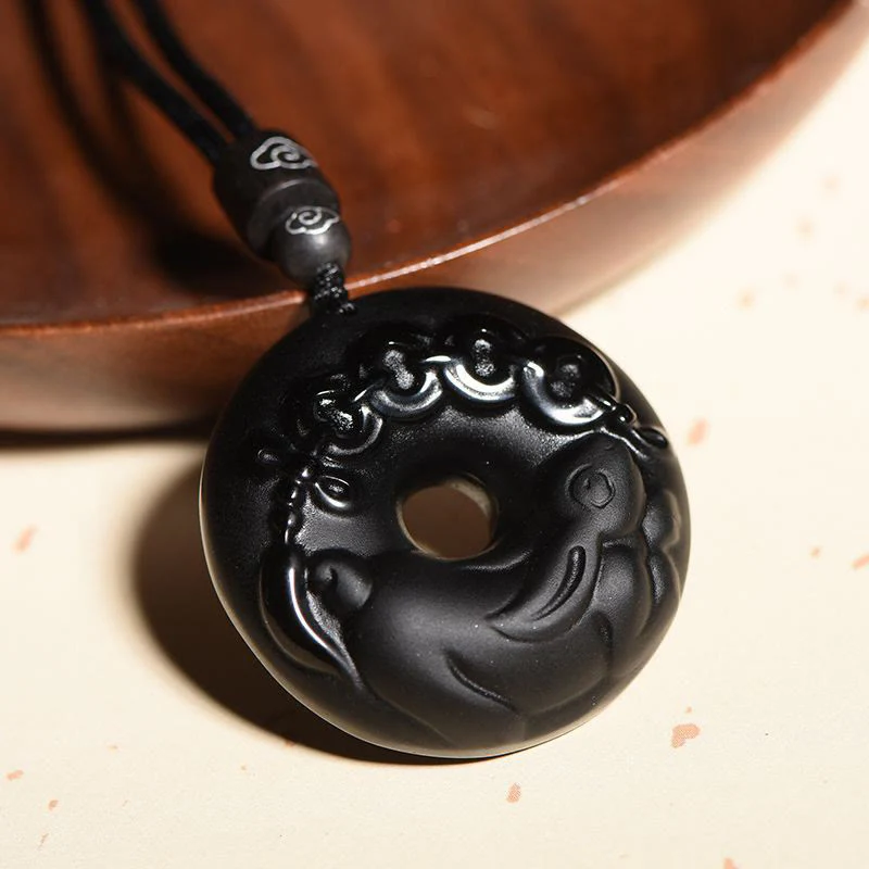 Buddha Stones Chiński Zodiak Naturalny Czarny Obsydian Spokój Klamra Siła Naszyjnik Wisiorek - Image 3