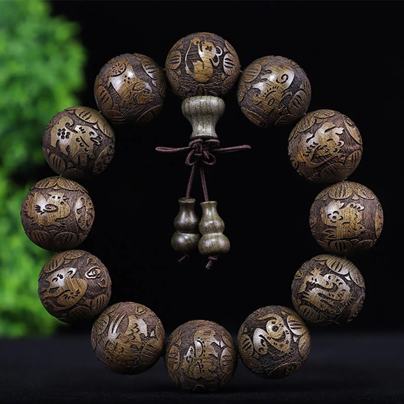 Buddha Stones Chiński Zodiak Palisander Ebony Miedź Moneta PiXiu Rzeźbiona Bransoletka Ciepło - Image 16