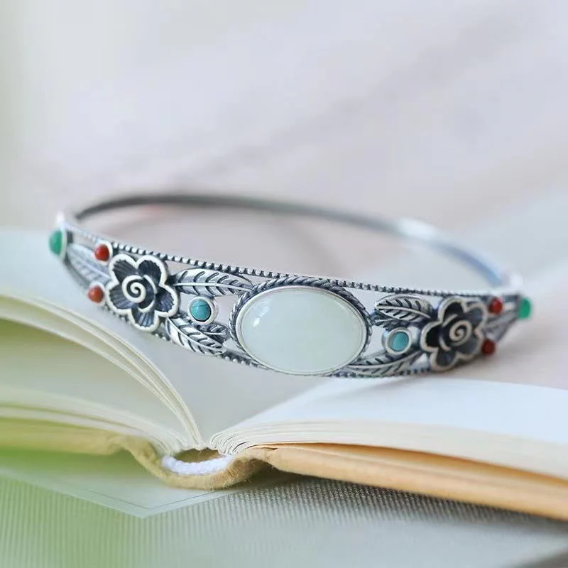 Buddha Stones Cyjan Jade Biały Jade Kwiat Liść Harmonia Szczęście Bransoletka Bangle - Image 10