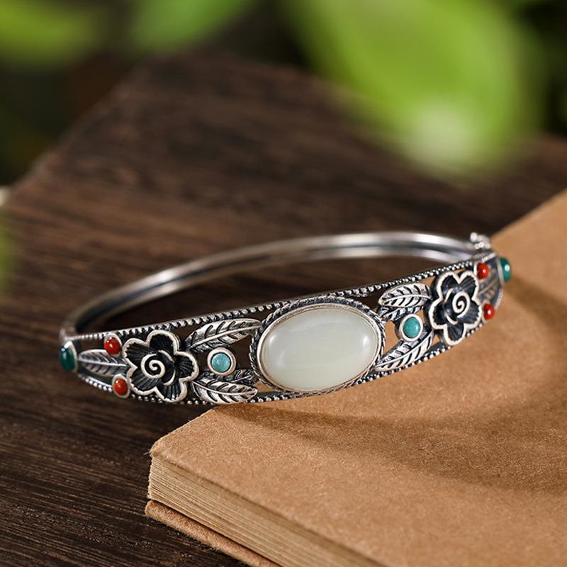 Buddha Stones Cyjan Jade Biały Jade Kwiat Liść Harmonia Szczęście Bransoletka Bangle - Image 11