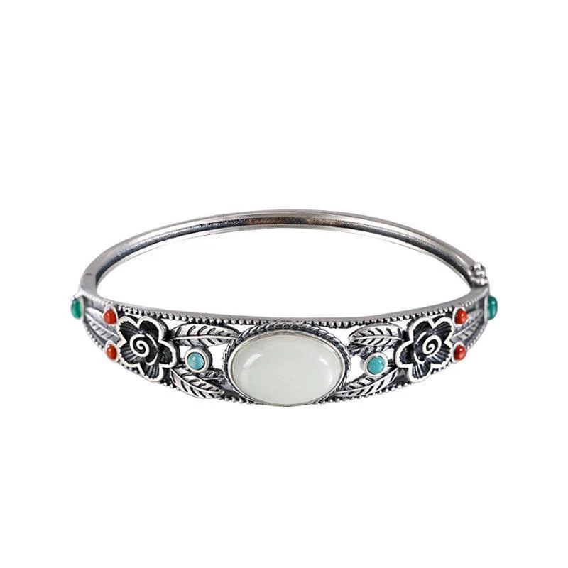 Buddha Stones Cyjan Jade Biały Jade Kwiat Liść Harmonia Szczęście Bransoletka Bangle - Image 13