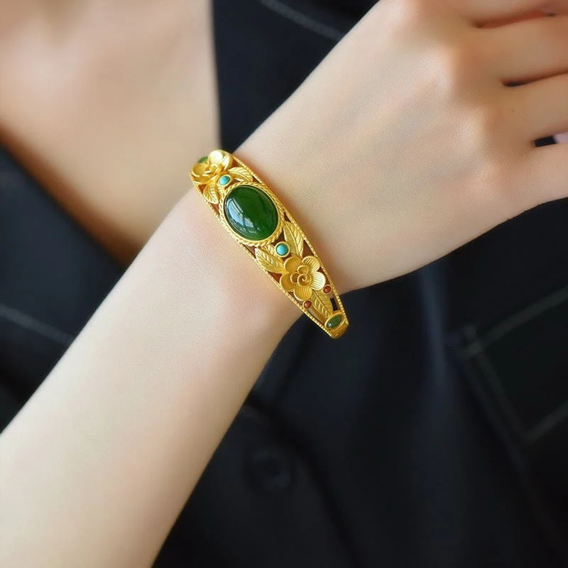 Buddha Stones Cyjan Jade Biały Jade Kwiat Liść Harmonia Szczęście Bransoletka Bangle - Image 2