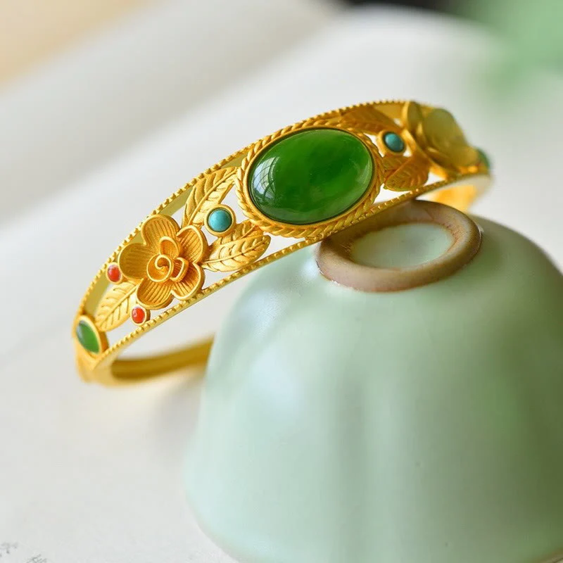 Buddha Stones Cyjan Jade Biały Jade Kwiat Liść Harmonia Szczęście Bransoletka Bangle - Image 4