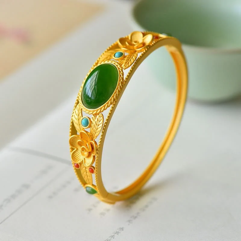 Buddha Stones Cyjan Jade Biały Jade Kwiat Liść Harmonia Szczęście Bransoletka Bangle - Image 5