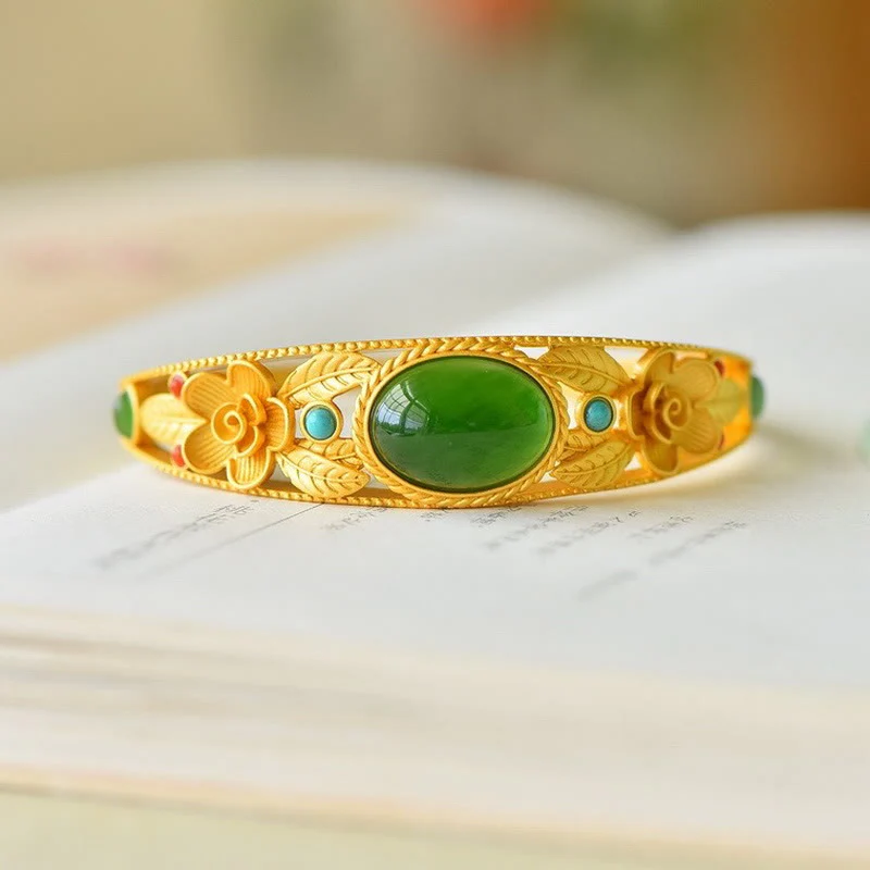 Buddha Stones Cyjan Jade Biały Jade Kwiat Liść Harmonia Szczęście Bransoletka Bangle - Image 6