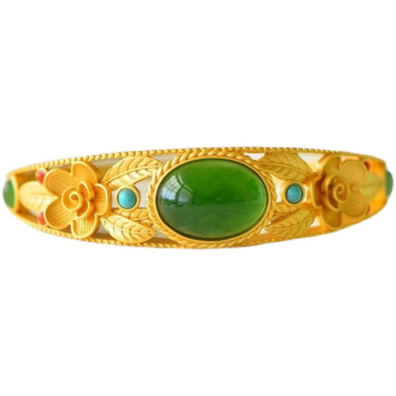 Buddha Stones Cyjan Jade Biały Jade Kwiat Liść Harmonia Szczęście Bransoletka Bangle - Image 7