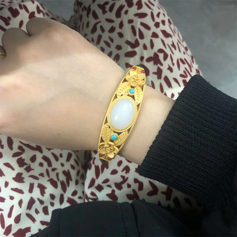 Buddha Stones Cyjan Jade Biały Jade Kwiat Liść Harmonia Szczęście Bransoletka Bangle - Image 9