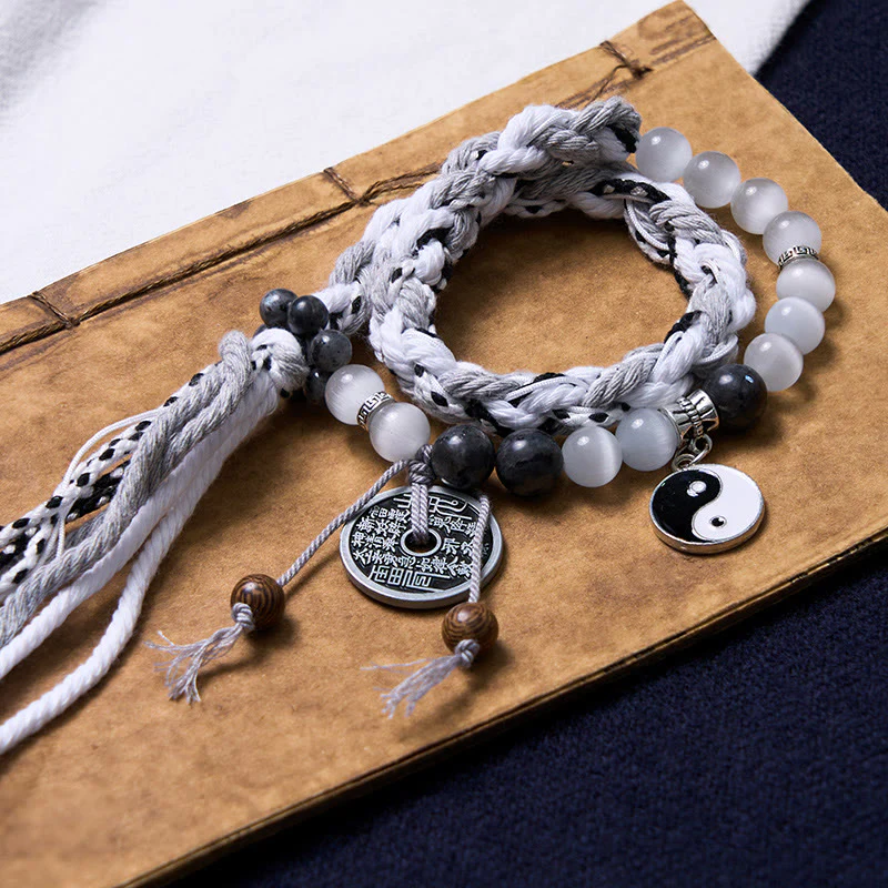 Buddha Stones Czarny Brokat Kamień Kocie Oko Yin Yang Duchy Górskie Wydaj Pieniądze Moc Bransoletka z Podwójnej Warstwy Linowej - Image 2