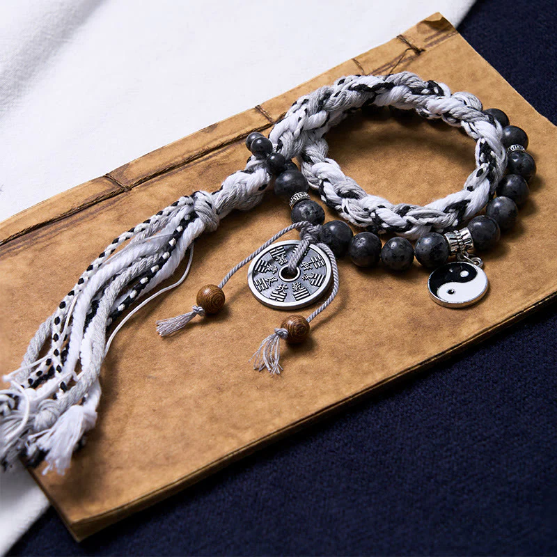 Buddha Stones Czarny Brokat Kamień Kocie Oko Yin Yang Duchy Górskie Wydaj Pieniądze Moc Bransoletka z Podwójnej Warstwy Linowej - Image 7
