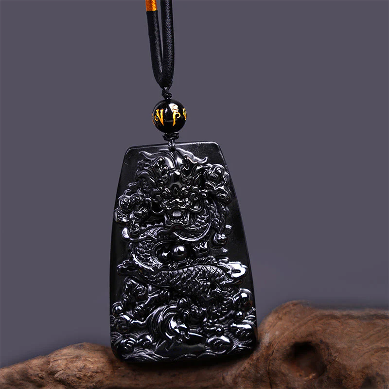 Buddha Stones Czarny Obsydian Smok Rzeźbiony Szczęście Ochrona Naszyjnik Wisiorek - Image 9