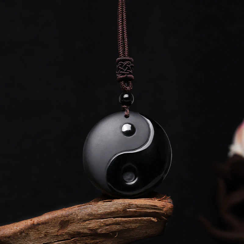 Buddha Stones Czarny Obsydian Taoizm Pięć Świętych Gór Dziewięcioznakowa Mantra Rzeźbiony Oczyszczający Naszyjnik Wisiorek Yin Yang