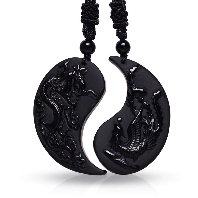 Buddha Stones Czarny Obsydian Yin Yang Smok Feniks Szczęście Naszyjnik Wisiorek