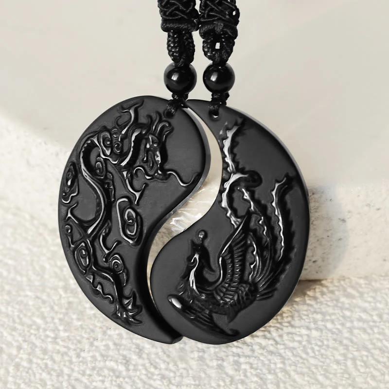 Buddha Stones Czarny Obsydian Yin Yang Smok Feniks Szczęście Naszyjnik Wisiorek - Image 3