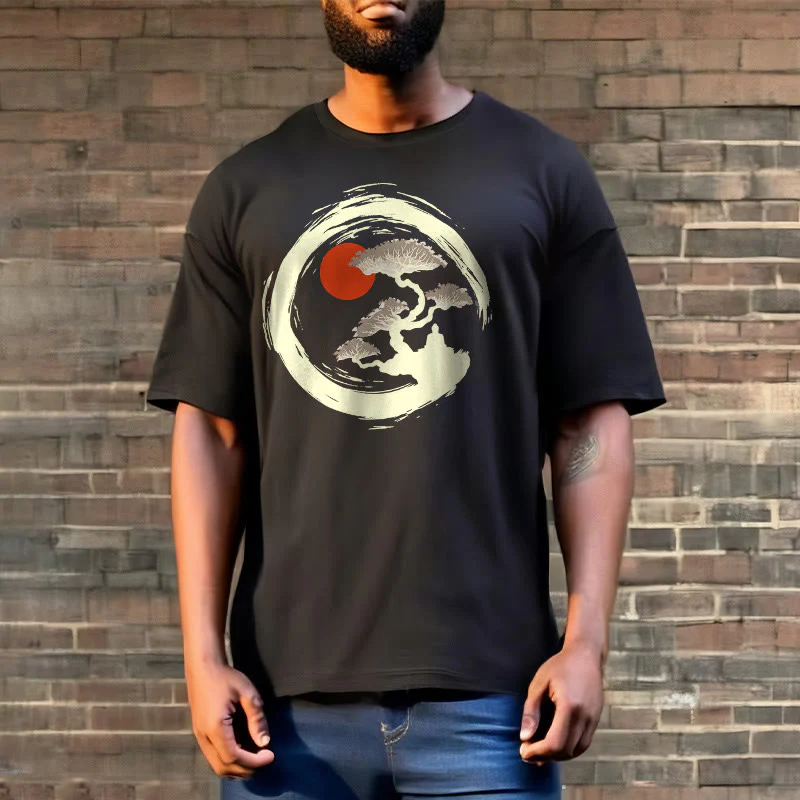 Buddha Stones Czerwone Słońce Sosna Zen Krąg Medytacja Budda Koszulka T-shirt - Image 4