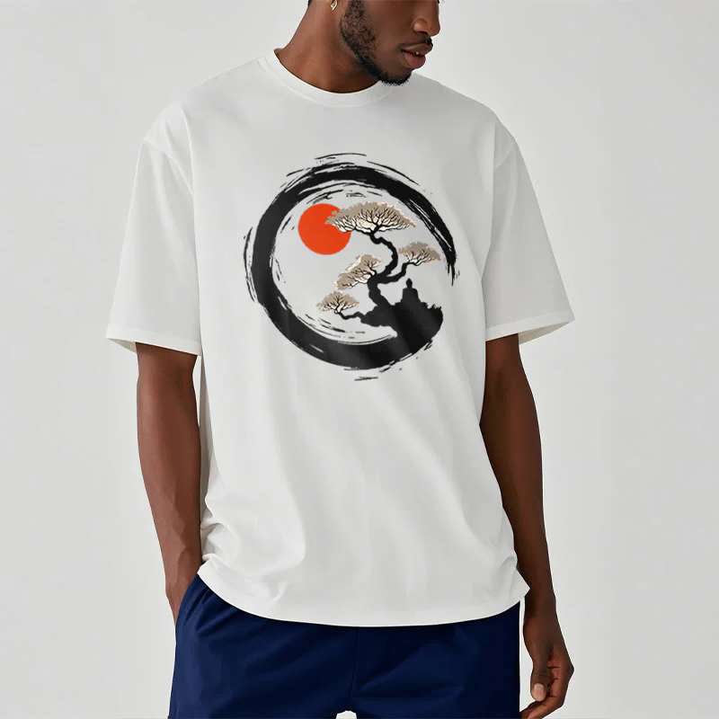 Buddha Stones Czerwone Słońce Sosna Zen Krąg Medytacja Budda Koszulka T-shirt - Image 8
