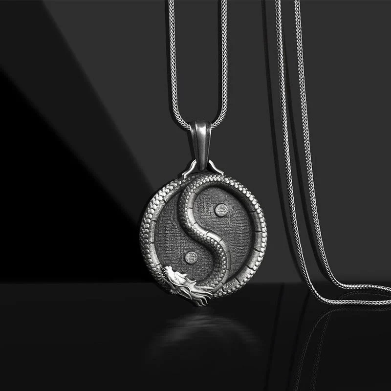 Buddha Stones Czysta Cyna Yin Yang Smok Szczęście Siła Naszyjnik Wisiorek