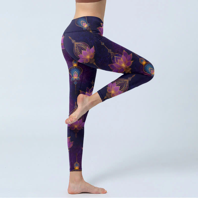 Buddha Stones Damskie legginsy do jogi z nadrukiem w kształcie kwiatu lotosu i latarni - Image 8