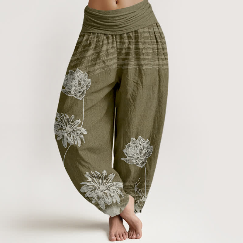 Buddha Stones Damskie spodnie haremowe z bawełny w stylu Lotus High Waist Design - Image 9