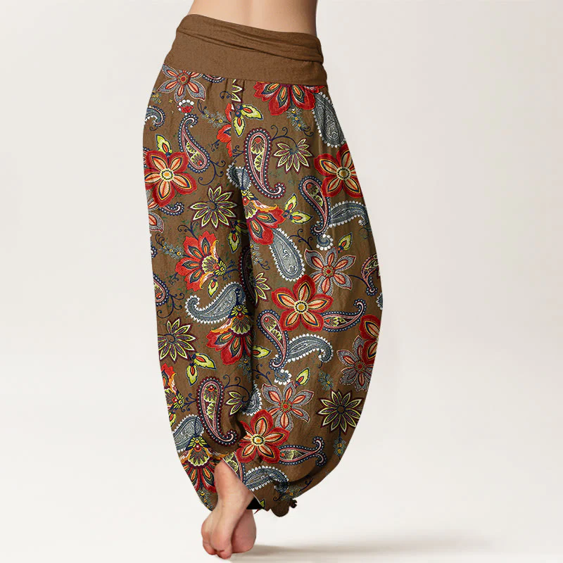 Buddha Stones Damskie spodnie haremowe z elastycznej talii i kwiatowym wzorem w stylu paisley z czystej bawełny - Image 10