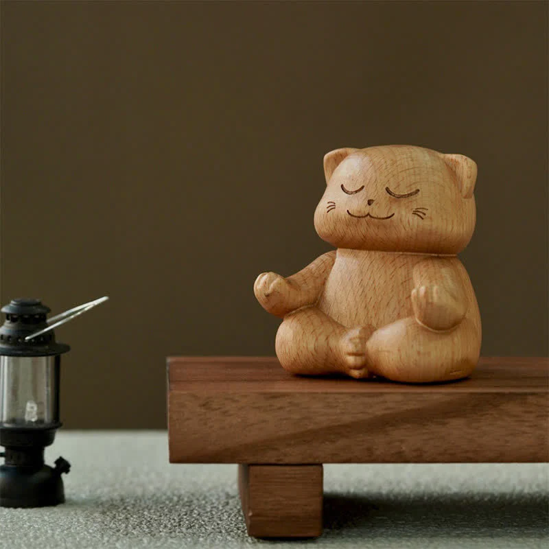 Buddha Stones Drewniany medytujący kot oświecający ręcznie rzeźbiony uroczy zwierzęcy wystrój - Image 2