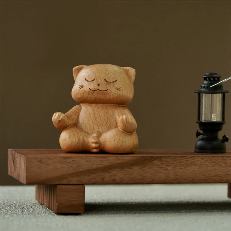Buddha Stones Drewniany medytujący kot oświecający ręcznie rzeźbiony uroczy zwierzęcy wystrój - Image 3