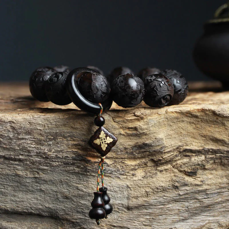 Buddha Stones Drewno Hebanowe Chiński Znak Yin Yang Grawerowana Bransoletka Równowagi Tykwy - Image 3