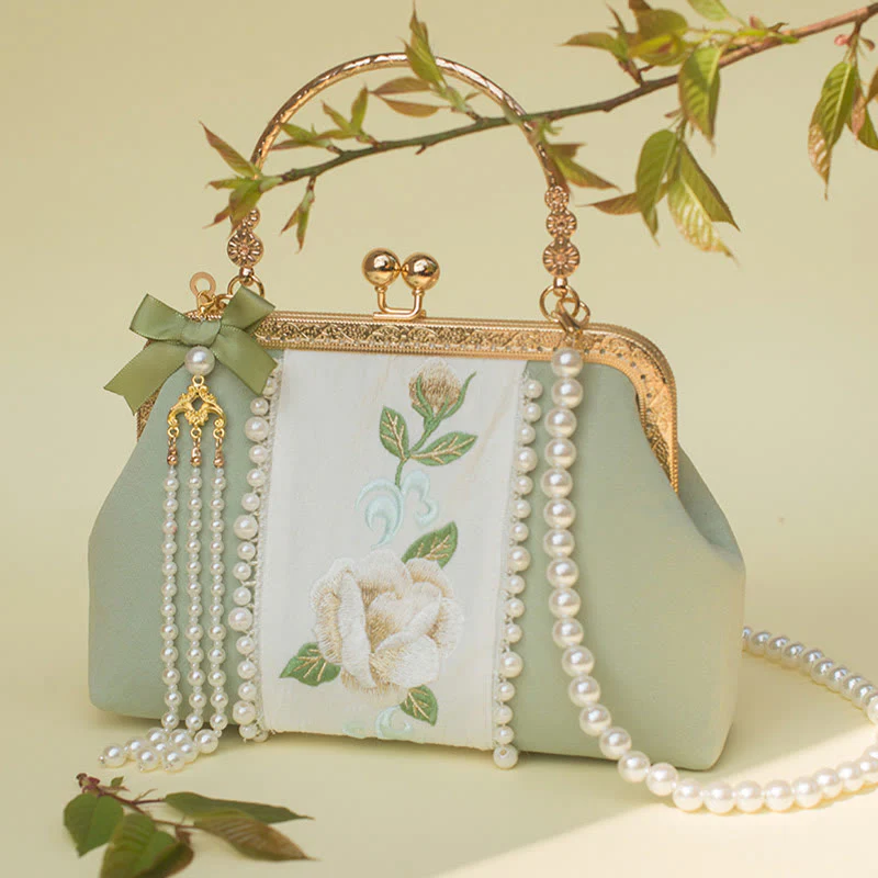 Buddha Stones Dwustronne kwiaty Haft Perła Wisiorek Metalowy Łańcuch Torba Crossbody Torebki
