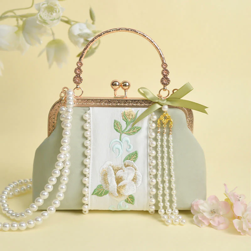 Buddha Stones Dwustronne kwiaty Haft Perła Wisiorek Metalowy Łańcuch Torba Crossbody Torebki - Image 3