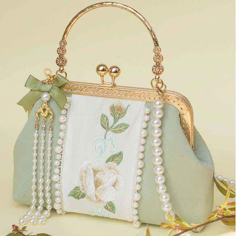 Buddha Stones Dwustronne kwiaty Haft Perła Wisiorek Metalowy Łańcuch Torba Crossbody Torebki - Image 4