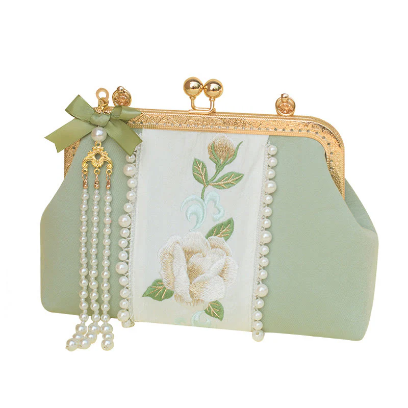 Buddha Stones Dwustronne kwiaty Haft Perła Wisiorek Metalowy Łańcuch Torba Crossbody Torebki - Image 9