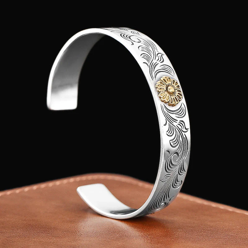 Buddha Stones Dynastia Tang Kwiat Projekt Róży Kwiat Pióro Rzeźbiona Miedziana Bransoletka Szczęścia Bangle - Image 2