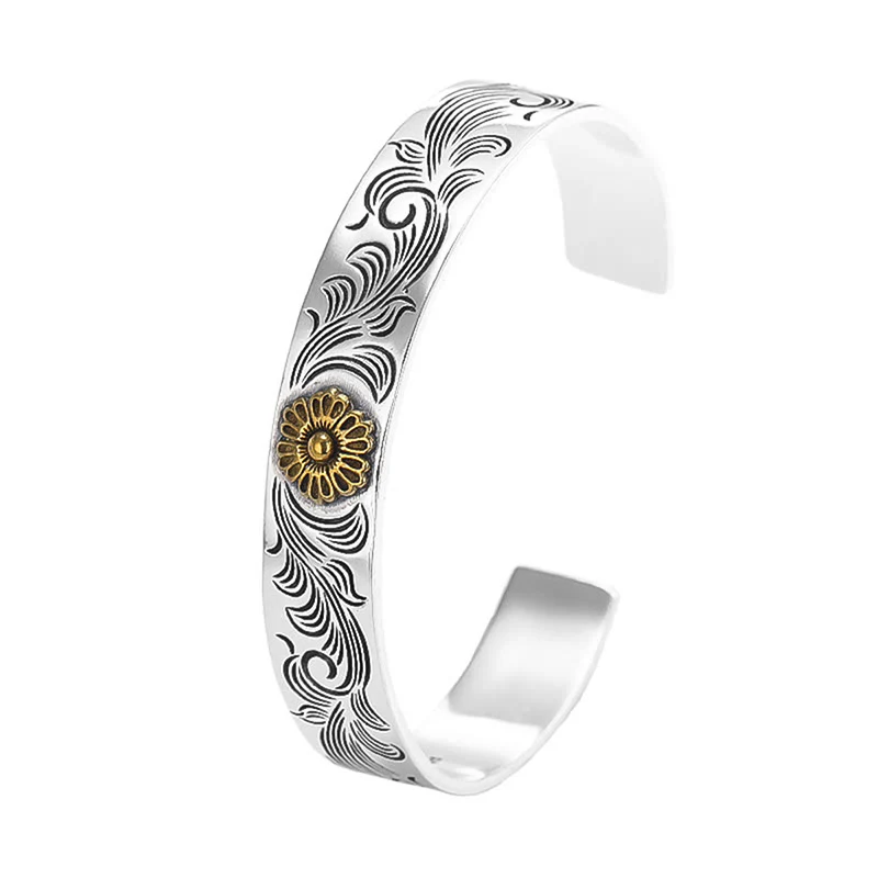 Buddha Stones Dynastia Tang Kwiat Projekt Róży Kwiat Pióro Rzeźbiona Miedziana Bransoletka Szczęścia Bangle - Image 4