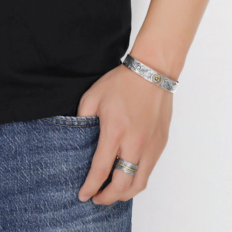 Buddha Stones Dynastia Tang Kwiat Projekt Róży Kwiat Pióro Rzeźbiona Miedziana Bransoletka Szczęścia Bangle - Image 5