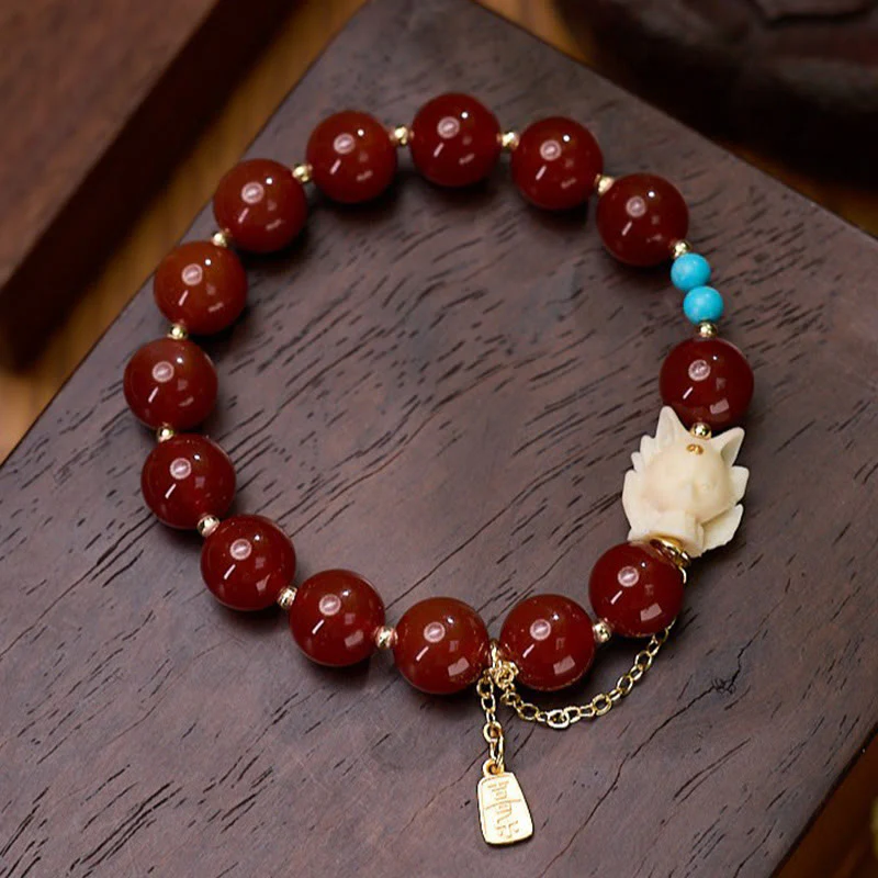 Buddha Stones Dziewięcioogonowy Lis Radość Czerwony Agat Kość Słoniowa Owoce Miedziana Złota Bransoletka Pewności Siebie - Image 2
