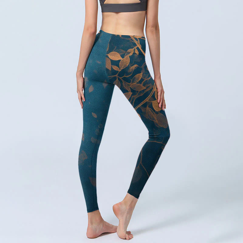 Buddha Stones Eleganckie legginsy do jogi damskie z nadrukiem w liście - Image 4
