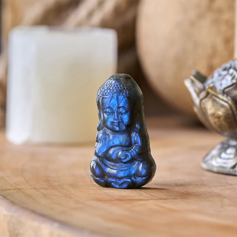 Buddha Stones Figurka Buddy z naturalnego labradorytu, dekoracja domu