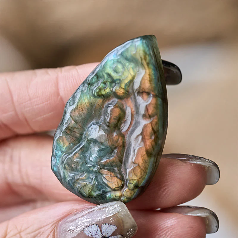 Buddha Stones Grawerowany Budda z naturalnego labradorytu w kształcie łzy, figurka, dekoracja domu