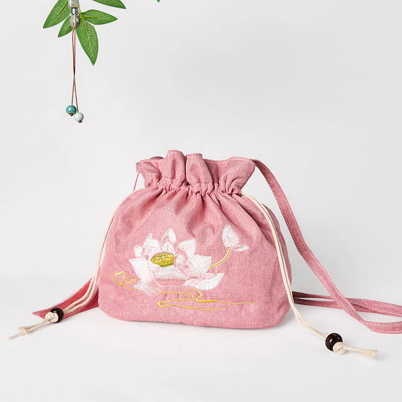 Buddha Stones haftowana jasnoróżowa lotosowa bawełniana lniana torba typu crossbody na ramię - Image 2