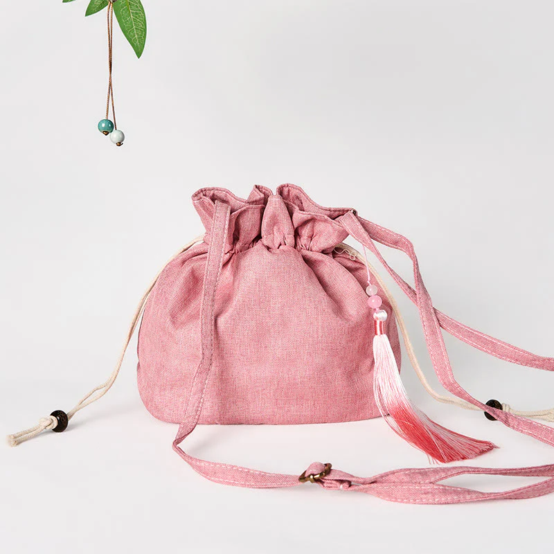 Buddha Stones haftowana jasnoróżowa lotosowa bawełniana lniana torba typu crossbody na ramię - Image 3