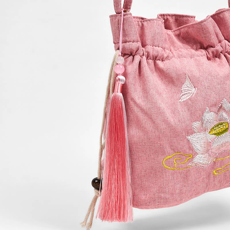 Buddha Stones haftowana jasnoróżowa lotosowa bawełniana lniana torba typu crossbody na ramię - Image 5