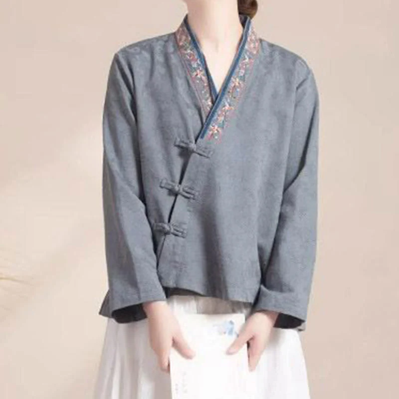 Buddha Stones Haftowane Kwiaty Trawa Żaba-Guzik Długa Koszulka Damska Bawełniana Z Długim Rękawem - Image 22