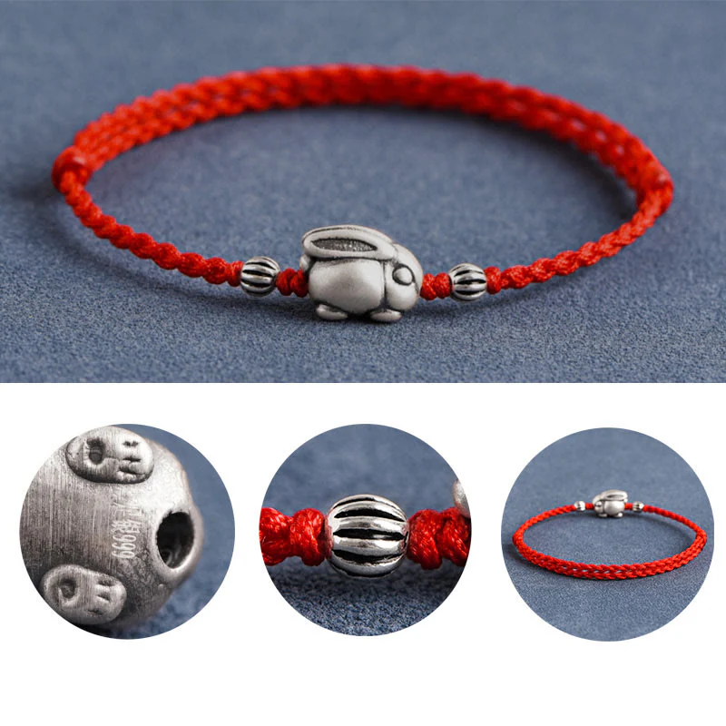 Buddha Stones Handmade 999 Sterling Silver Rabbit Luck Rope Anklet - Image 9