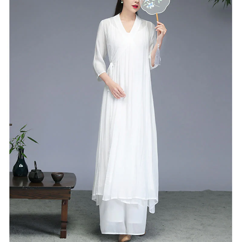 Buddha Stones Hanfu Styl Midi Sukienka Szerokie Spodnie Medytacja Zen Praktyka Joga Taniec Odzież - Image 3