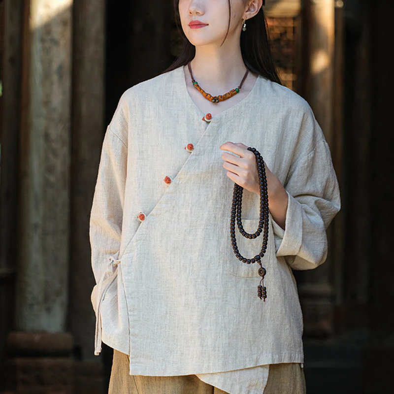 Buddha Stones Jednolity Kolor Ramie Len Luźna Bluzka Długi Rękaw Koszula Chiński Hanfu Top